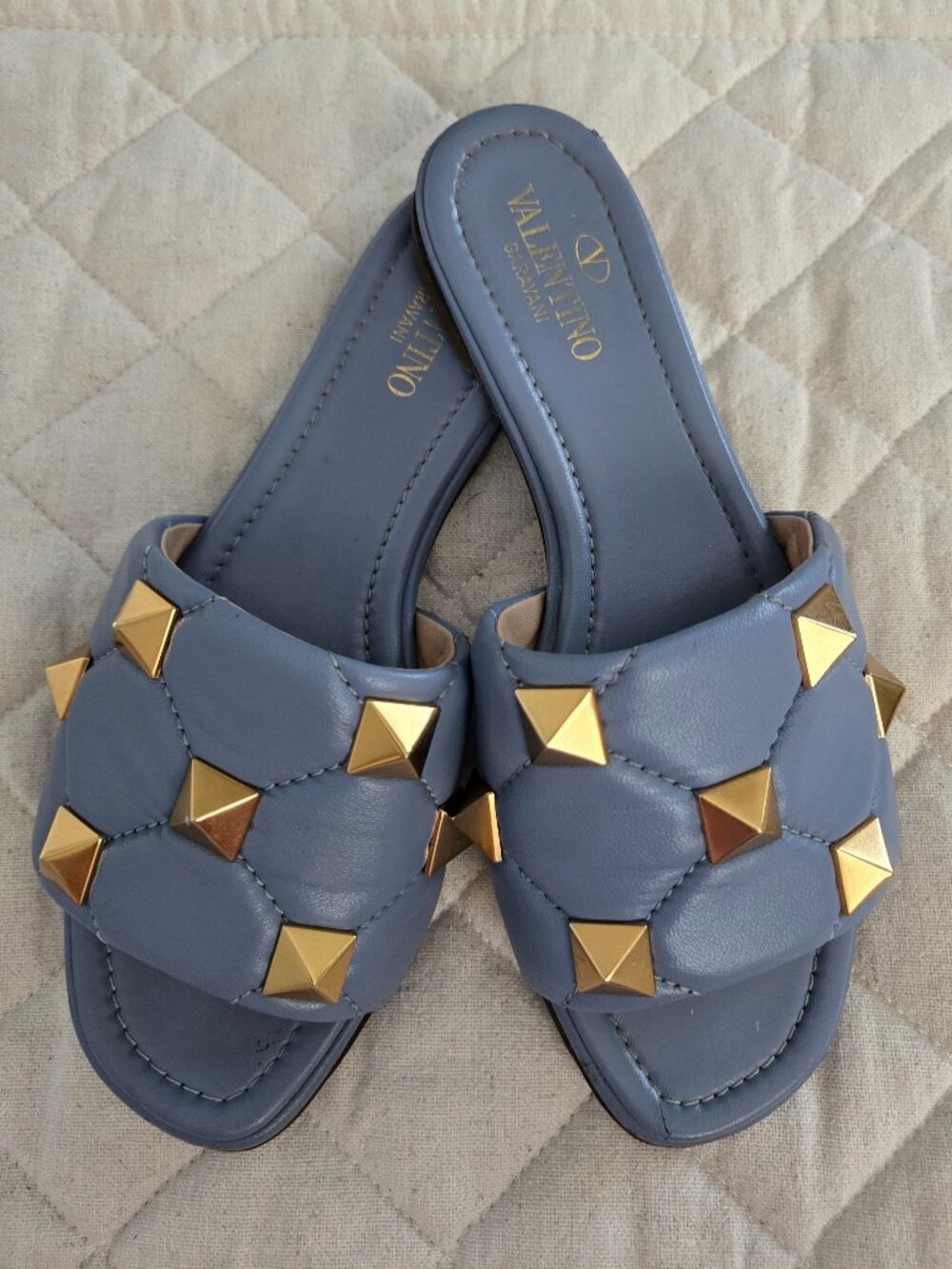 Valentino Garavani Blue Leather Gold Studded Sandals Flip Flops EUR 35.5/ US 5